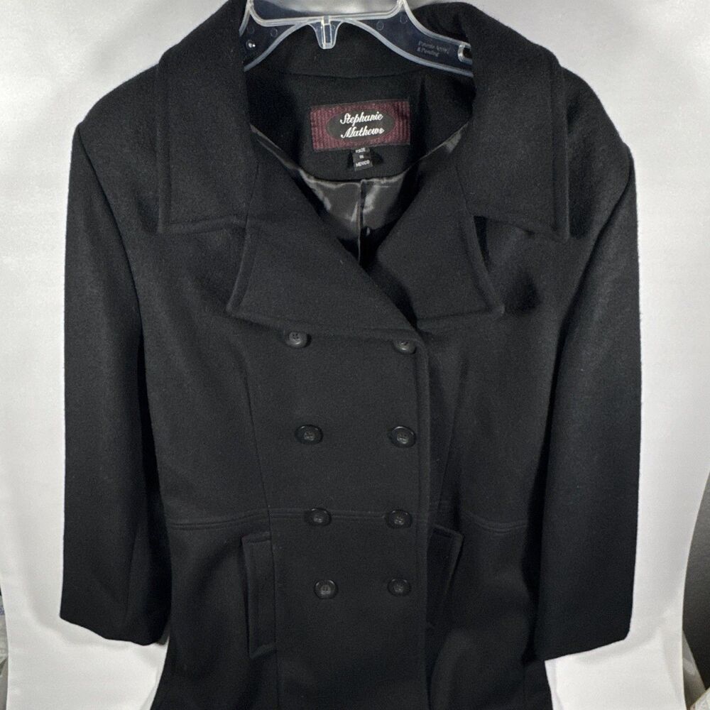 Stephanie Mathews Overcoat Womens Large Black Double Breasted Long Wool Long